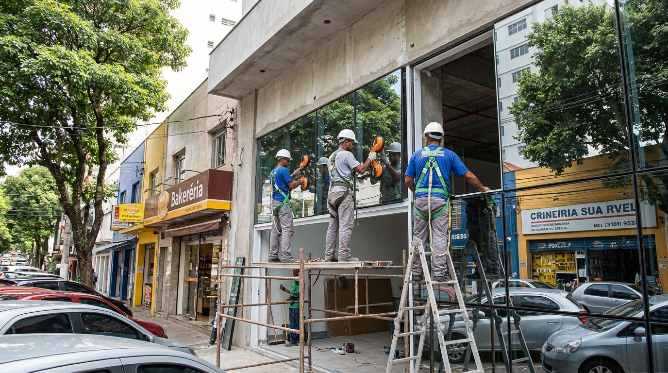 Fachada de vidro com confeitaria vizinha em Porto Alegre-RS