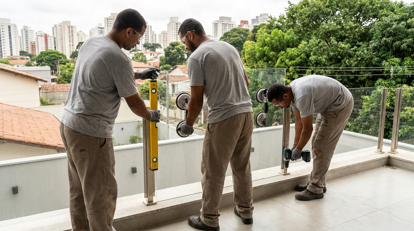 Guarda-corpo em terraço alto com vista cidade em Porto Alegre-RS