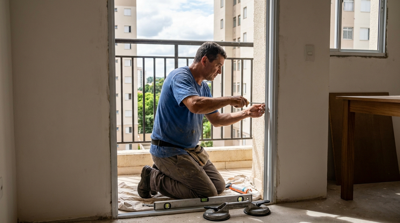 Janela de vidro em apartamento alto em Porto Alegre-RS