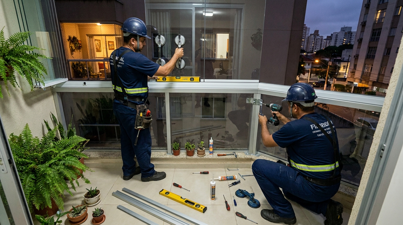 Instalação noturna de parede de vidro em Porto Alegre-RS