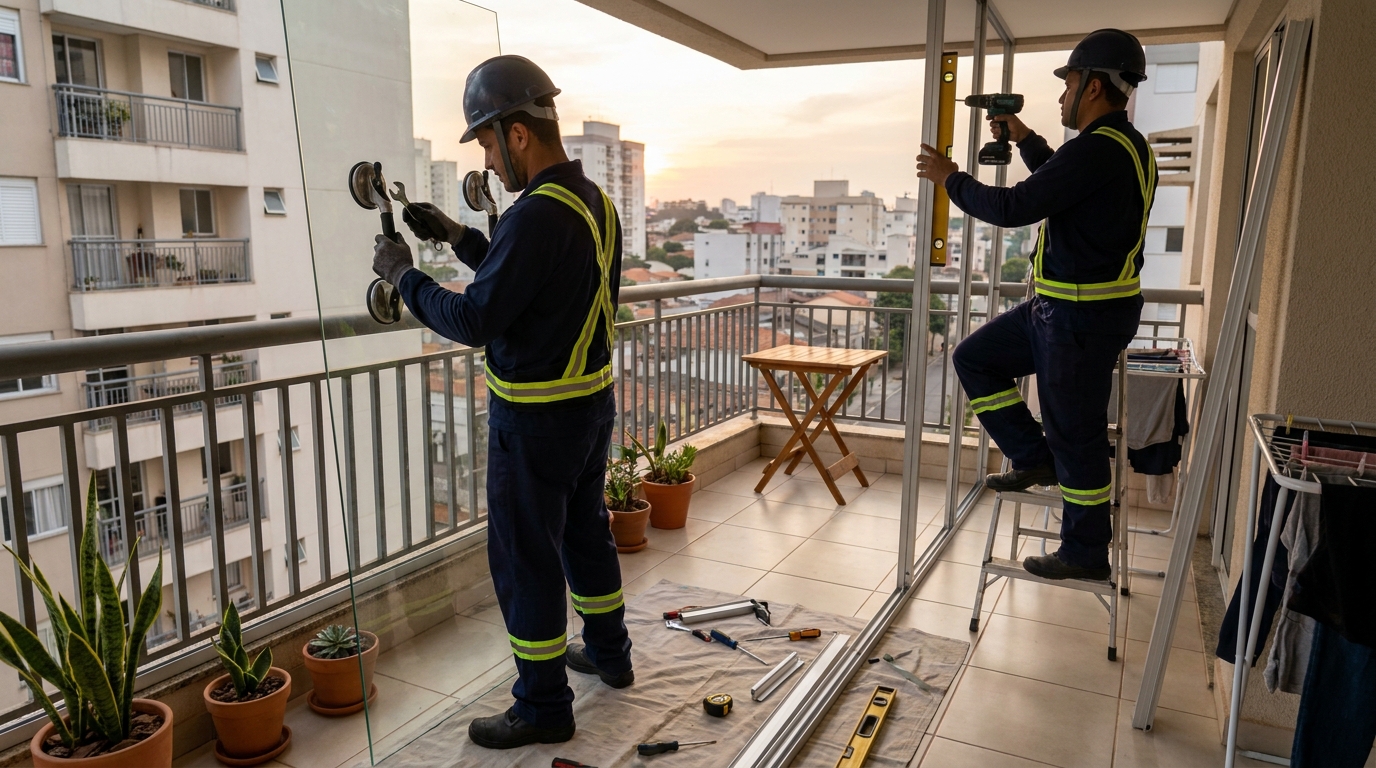 Instalação de parede de vidro em sacada em Porto Alegre-RS