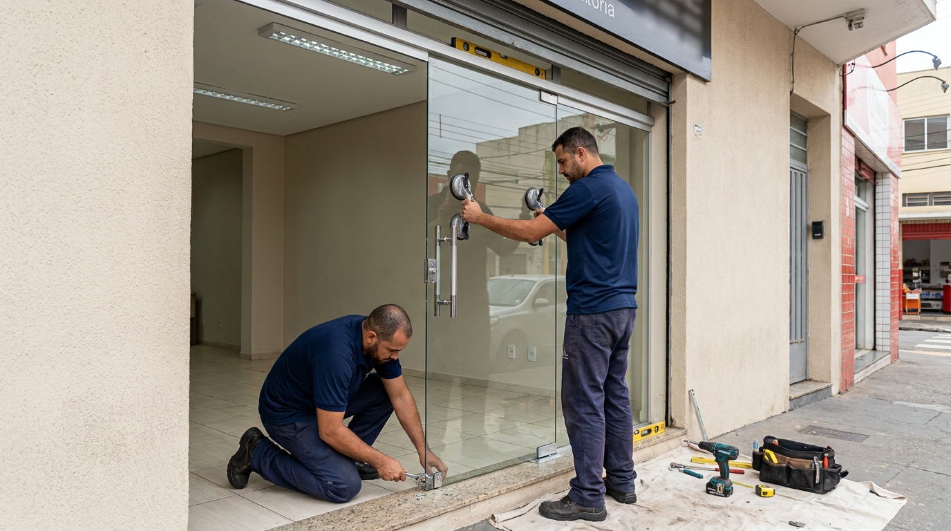 Porta de vidro com puxador inox em Porto Alegre-RS